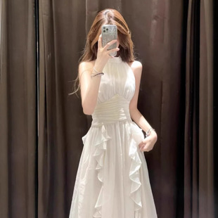 法式白色无袖挂脖连衣裙女夏2026新款高级感海边度假雪纺长裙礼服