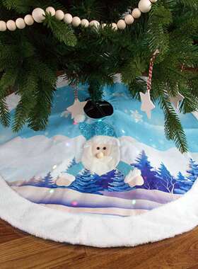 跨境新品发光圣诞树裙108cm蓝色老人雪人闪亮带灯装饰圣诞树围裙