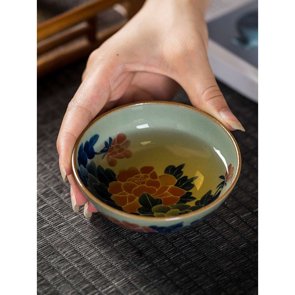 景德镇柴窑瓷器青花粉彩老陶泥普洱杯茶具主人杯牡丹花单杯
