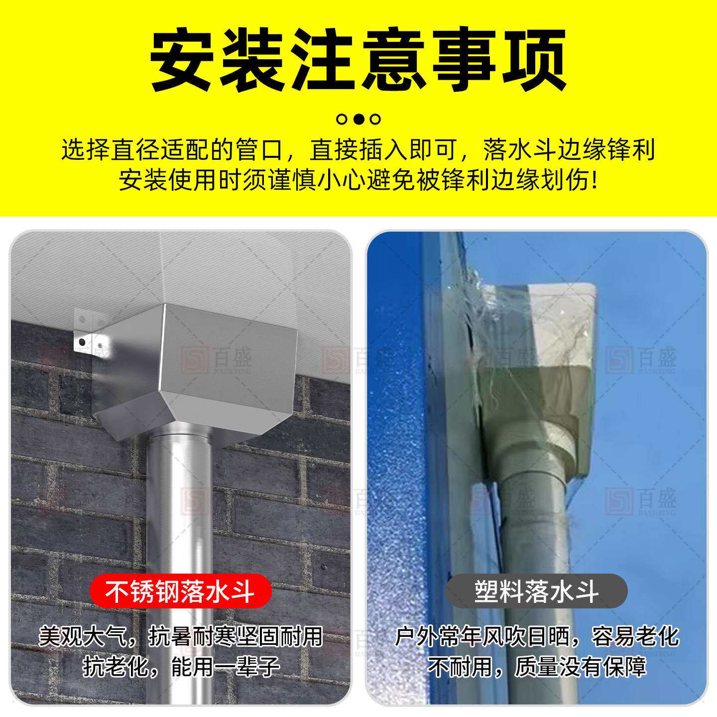 不锈钢落水斗 漏水斗侧墙铁固定排水管110方形接水槽雨水斗下水口