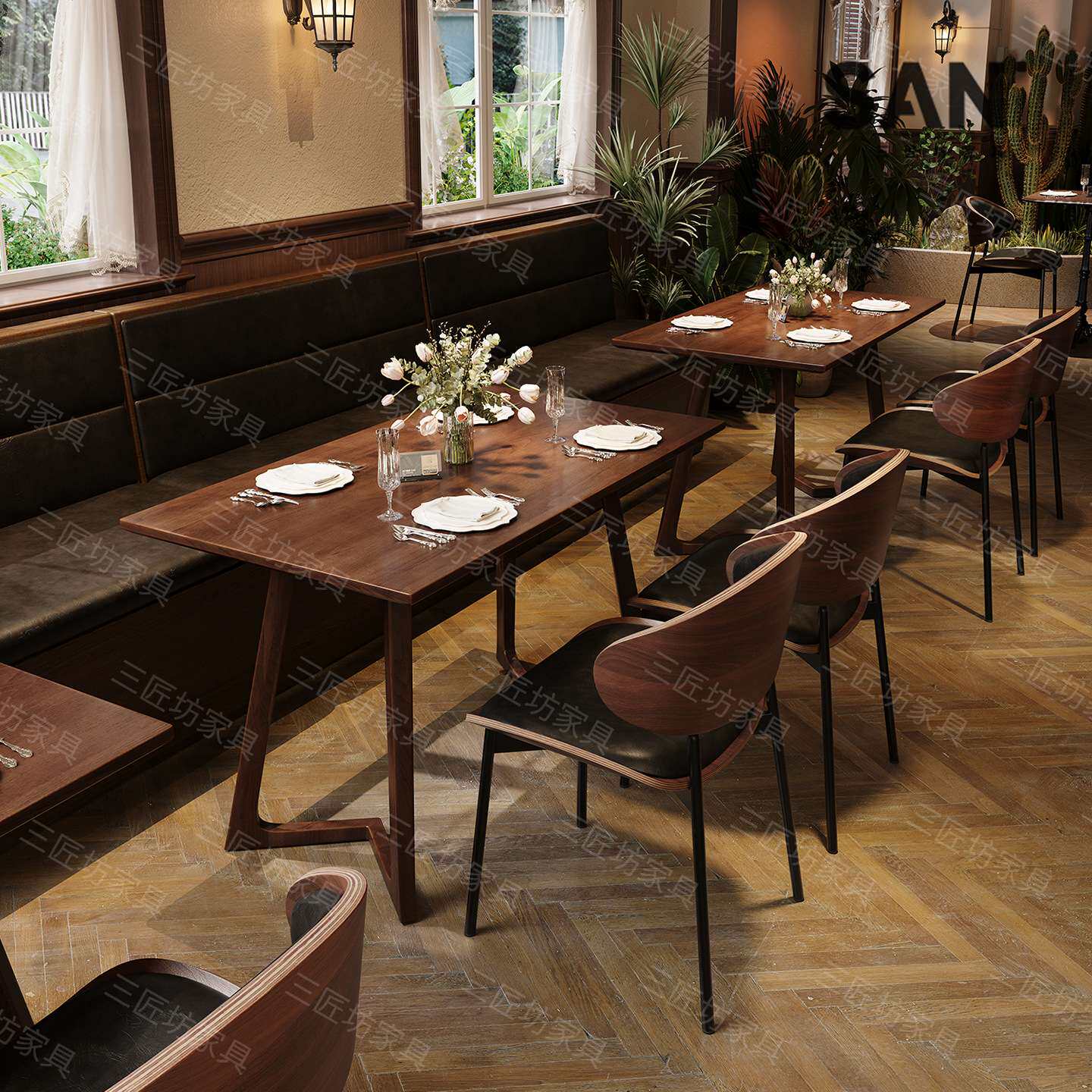 复古西餐厅餐桌椅子商用餐饮烘焙店实木餐桌椅组合咖啡厅酒吧桌椅