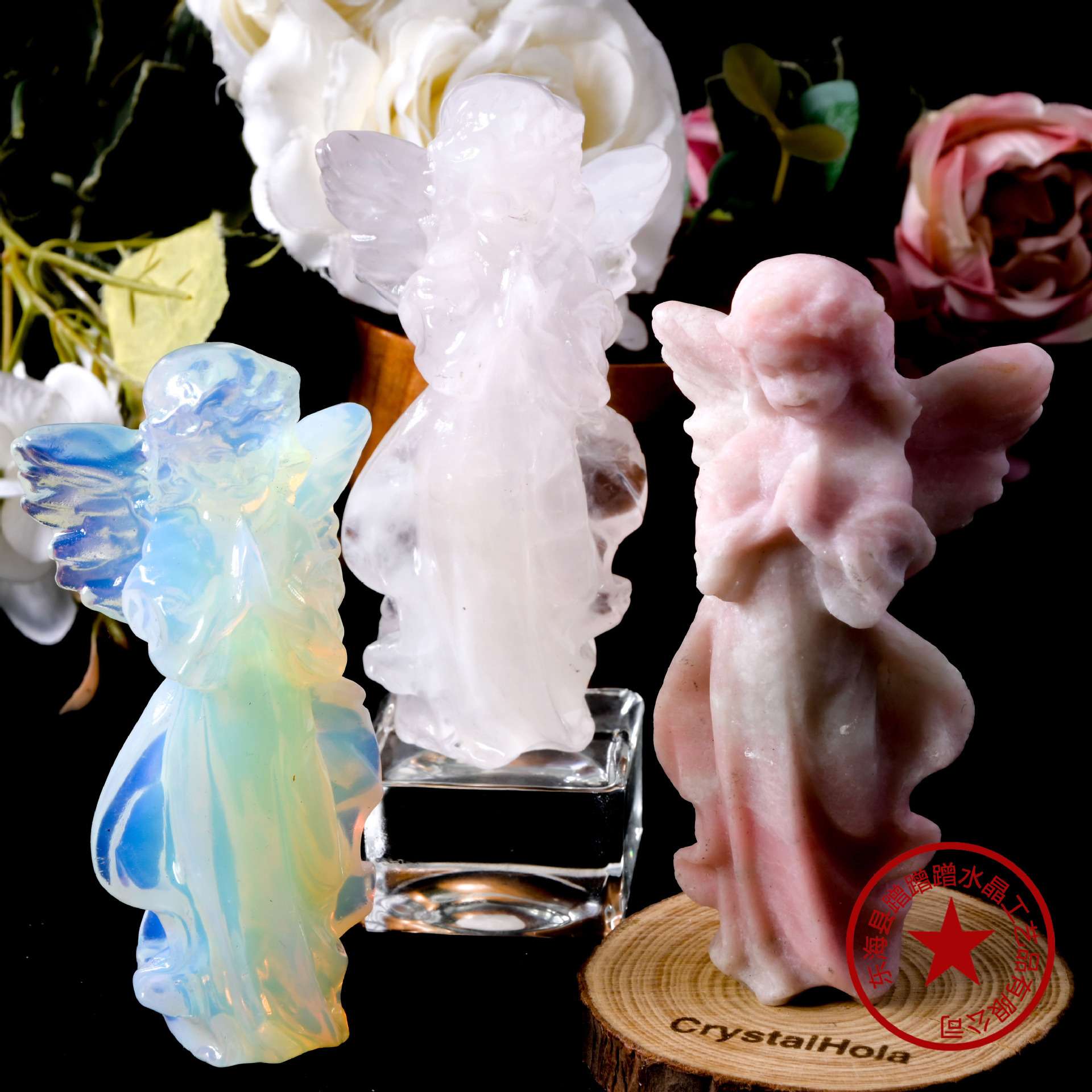 天然水晶粉澳宝天使雕刻件原石打磨水晶工艺品办公桌面女神像摆件