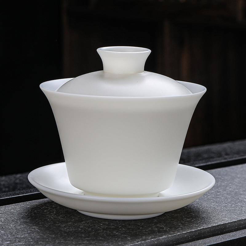 陶瓷盖碗 素烧羊脂玉三才碗纯白敬茶碗单个泡茶器小号3.8寸猪油白
