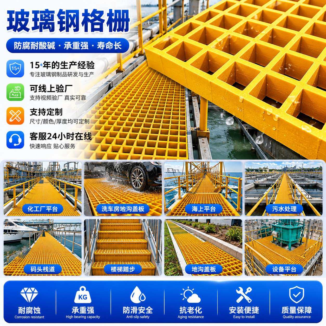 FRP格栅板污水处理厂地沟盖板化工厂平台防滑走道板玻璃钢网格板图片