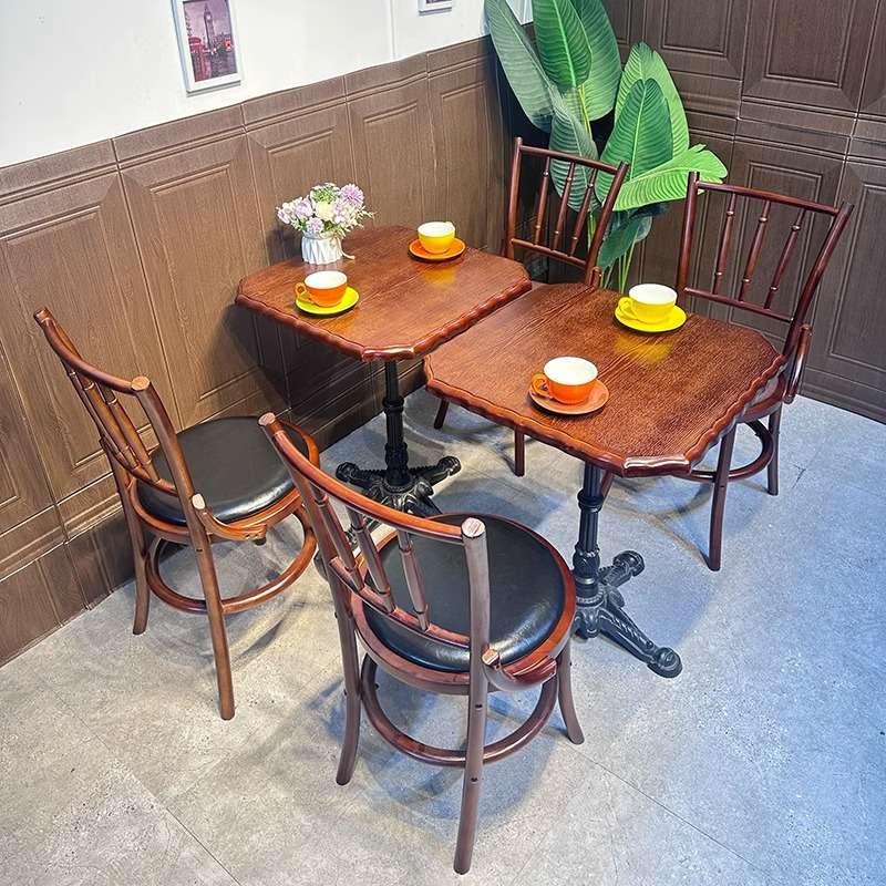 美式复古咖啡厅桌椅组合奶茶甜品糖水店小圆桌西餐厅实木桌椅商用