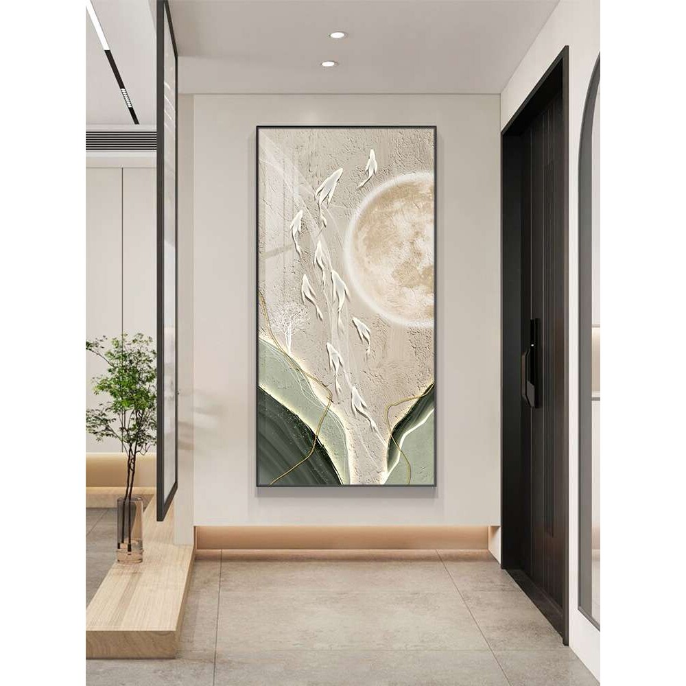 九鱼图玄关装饰画现代简约走廊过道挂画入户门竖款京瓷镶砖挂画