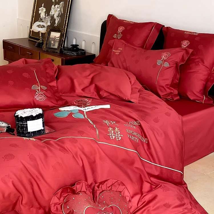 韩式婚庆100S长绒棉提花四件套玫瑰刺绣全棉结婚被套床单床上用品