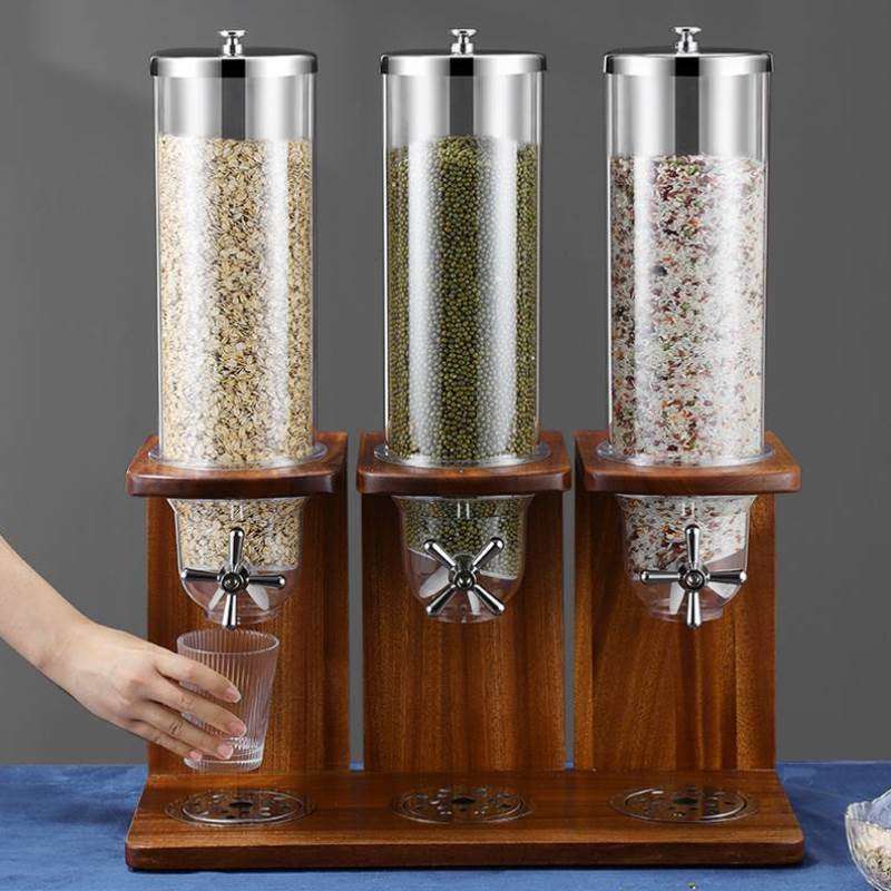 自助餐麦片机双头燕麦分配器五谷杂粮储物罐实木座防霉粮食密封罐