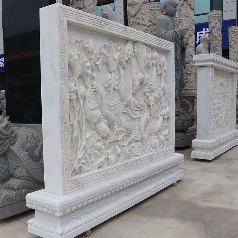 石雕荷花鱼浮雕影壁墙汉白玉花草浮雕墙壁画园林景观装饰墙壁摆件