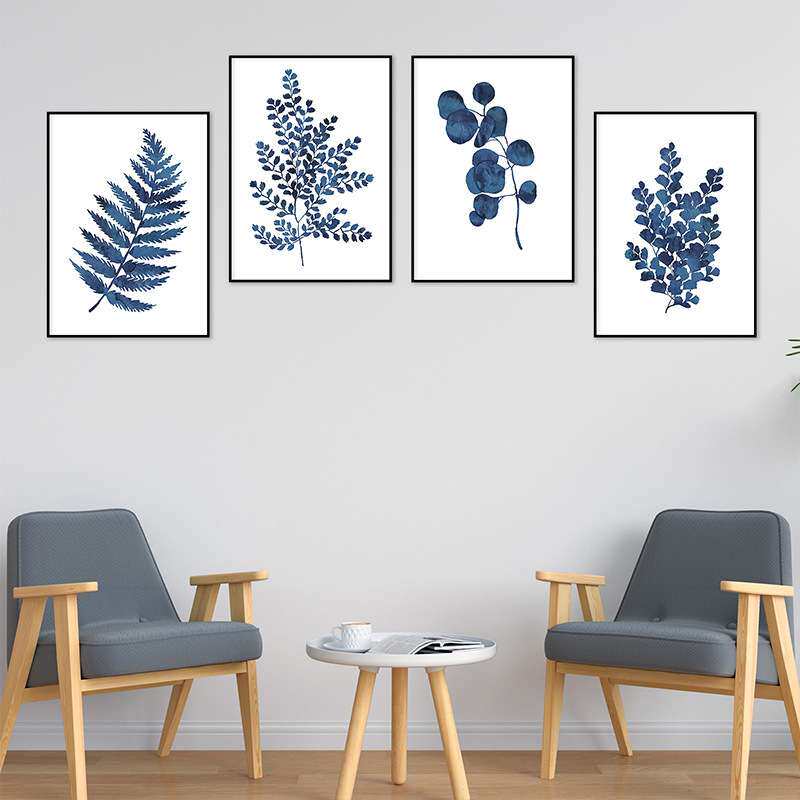 现代北欧客厅植物挂画四连叶子装饰画画芯 家居植物画加工直销