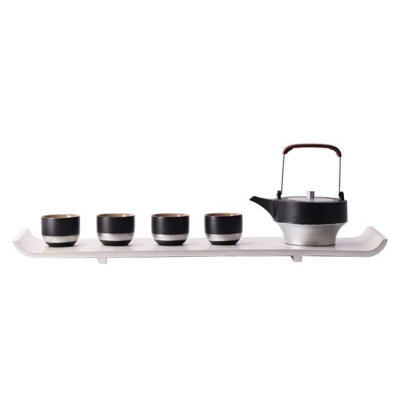 创意新中式现代简约陶瓷黑银提梁茶具金属托盘桌面组合茶室艺术品
