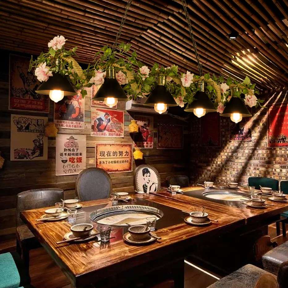 工业风三头餐厅吧台吊灯loft复古怀旧酒吧咖啡厅花草绿植麻绳灯具