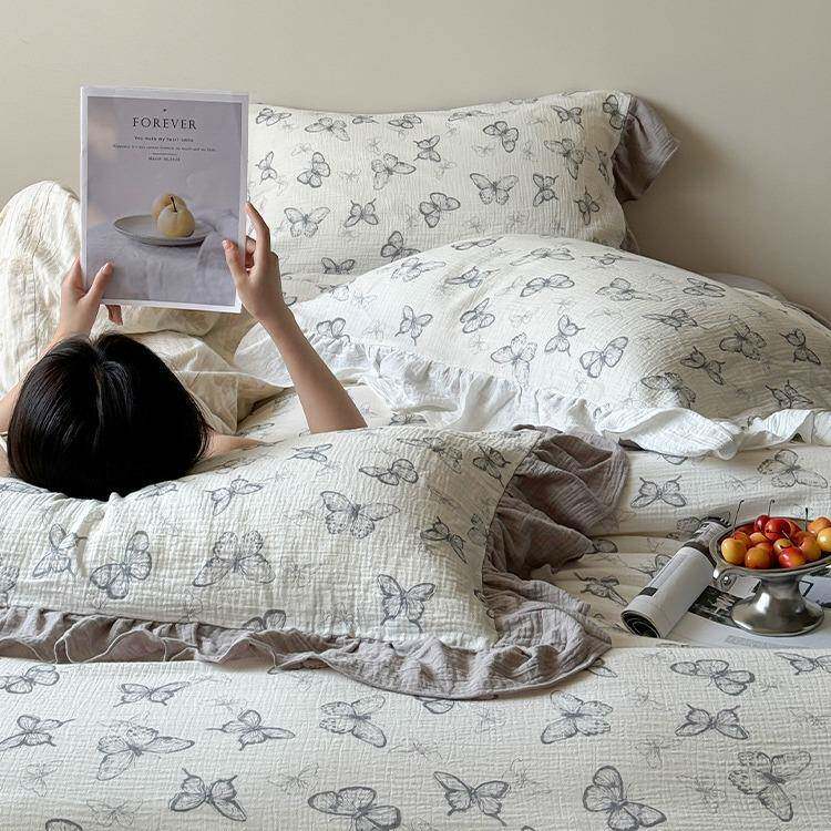 A类母婴级双层纱四件套纯棉100全棉2024新款法式公主风荷叶边