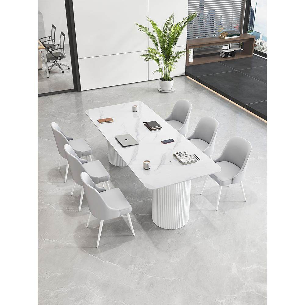 轻奢岩板会议桌椅白色办公桌长桌医美咨询桌门店接待洽谈桌泡茶桌