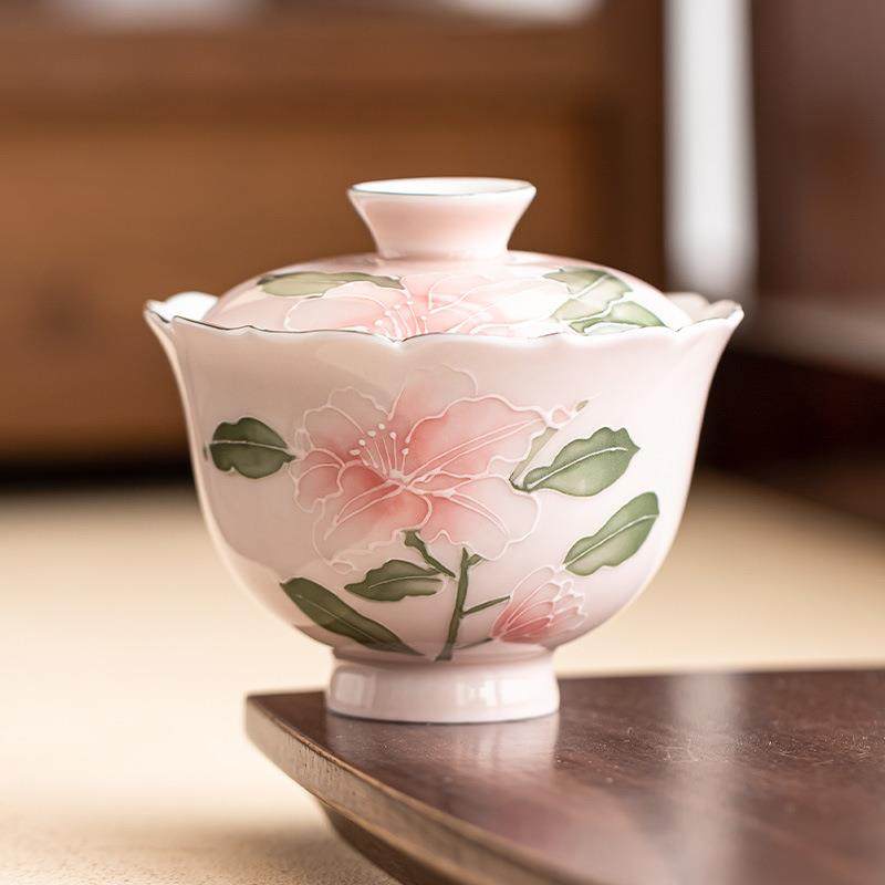 手绘堆雕粉百合花口盖碗单个女士个人专用茶具家用精致泡茶碗带盖,电子元器件市场,其它元器件,淘宝优惠券,粉丝福利购,淘宝优惠卷