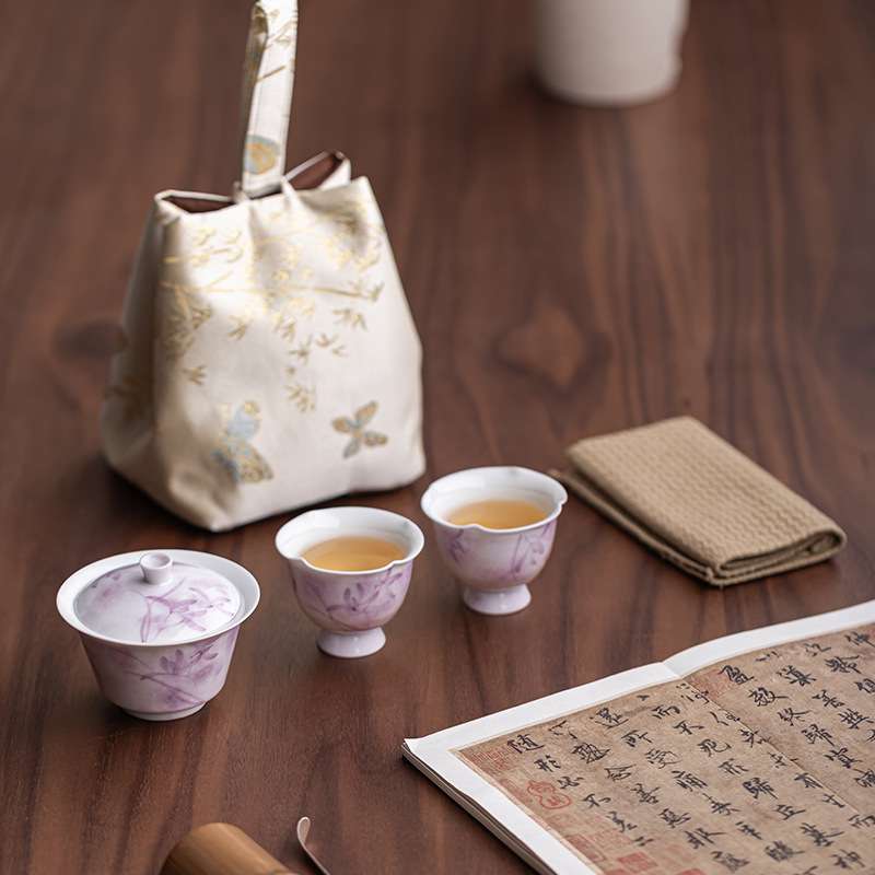 手绘暮紫兰心茶具套装便携茶壶盖碗旅行茶具女士户外高颜值快客杯