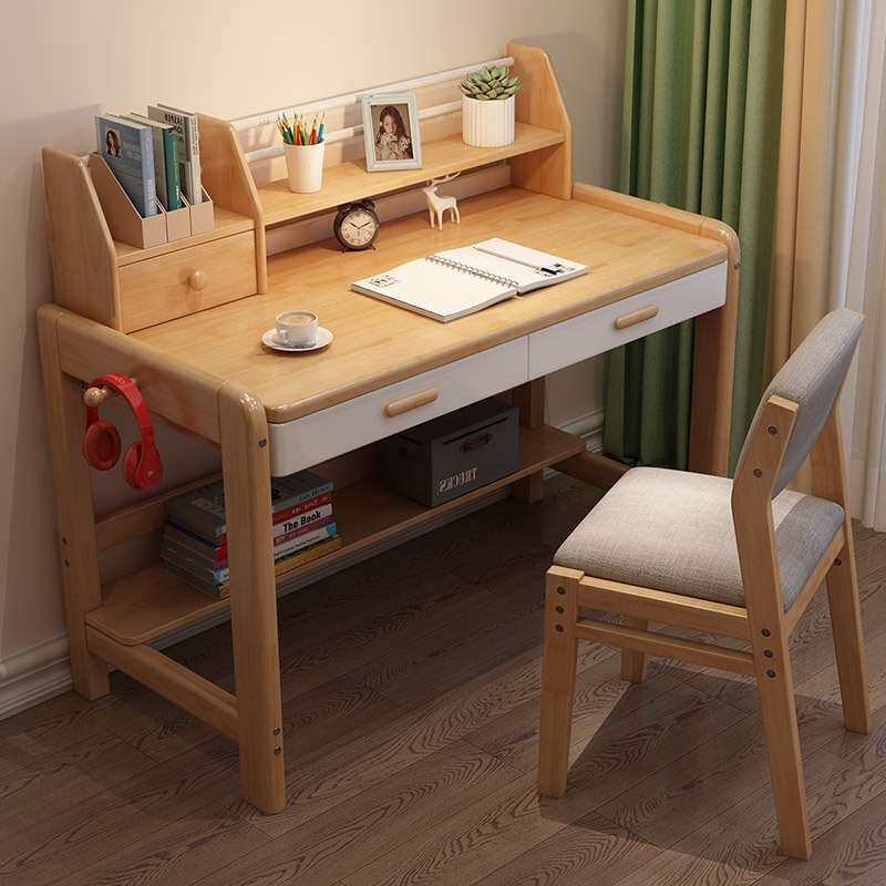 全实木书桌儿童学习桌学生写字台带书架学习桌高度可调节环保书桌