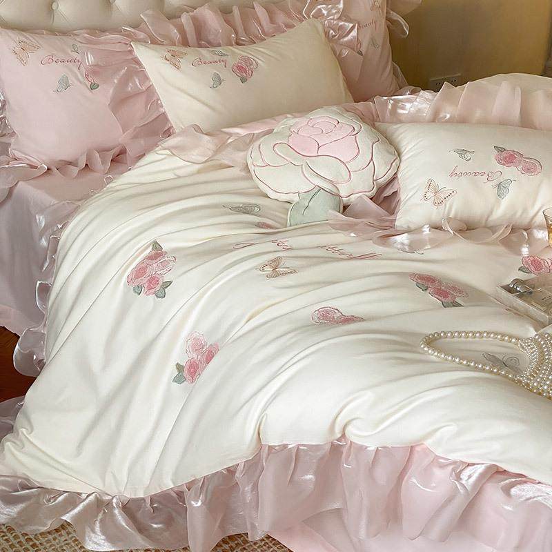 秋冬少女心100S长绒棉四件套加厚全棉磨毛花卉刺绣被套床上用品