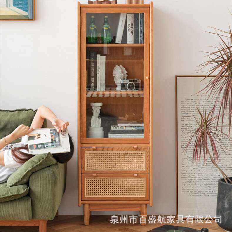 北欧实木书柜 小户型客厅落地式藤编收纳柜卧室简约靠墙玻璃书柜