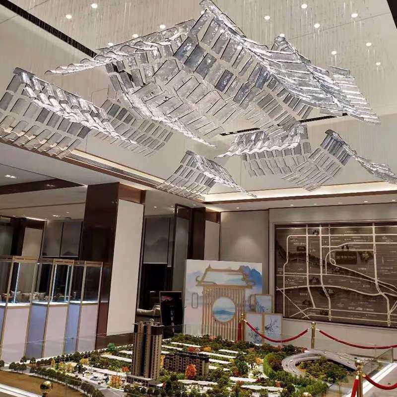 售楼部沙盘玻璃瓦片吊灯酒店大堂宴会厅新中式屋檐造型工程水晶灯