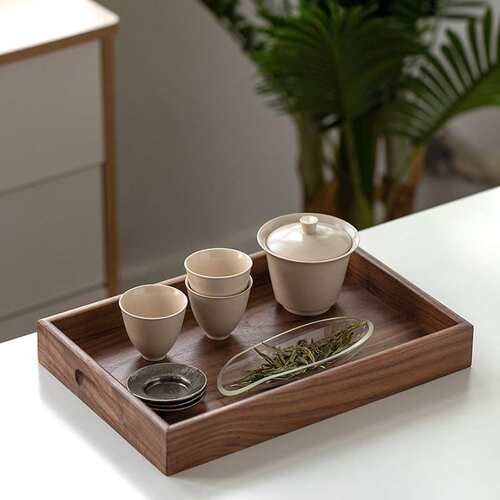 日式黑胡桃木托盘 实木干泡茶盘长方形家用放茶杯托盘餐盘点心盘