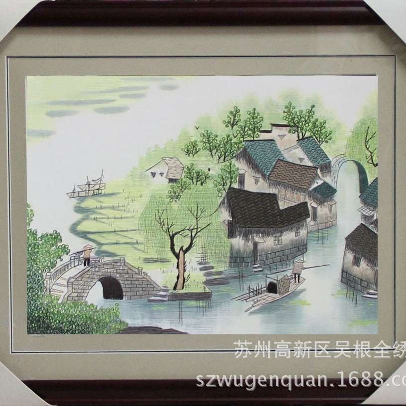 苏绣成品装饰画商务送礼苏州手工刺绣画已装裱水乡风景