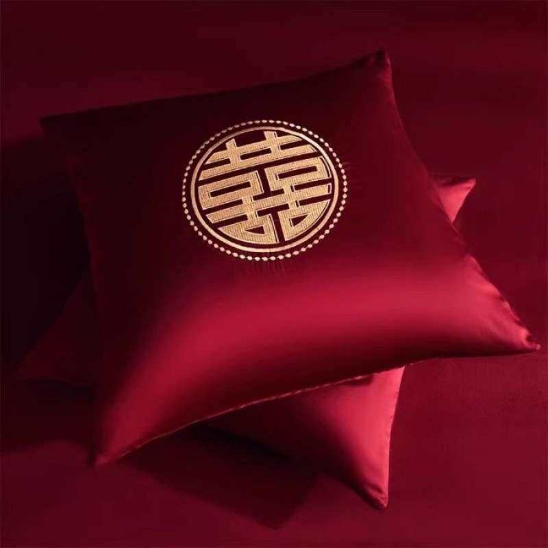 100支长绒棉酒红靠垫婚庆纯棉刺绣抱枕套结婚床品60*60CM45*45CM