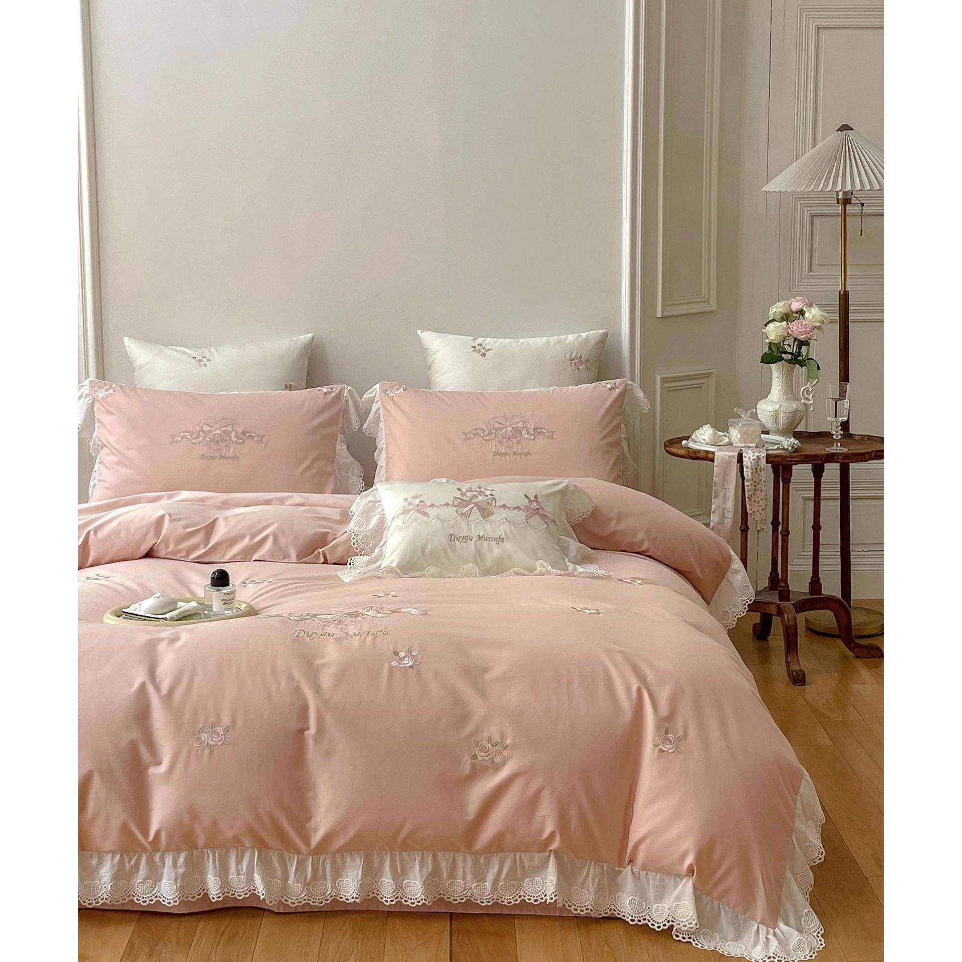 00支长绒棉磨毛四件套 秋冬款全棉镂空花边精密绣花公主风床品