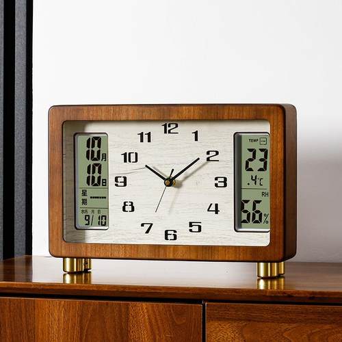 新中式实木简约座钟客厅桌面静音台钟胡桃台式摆件万年历石英钟表