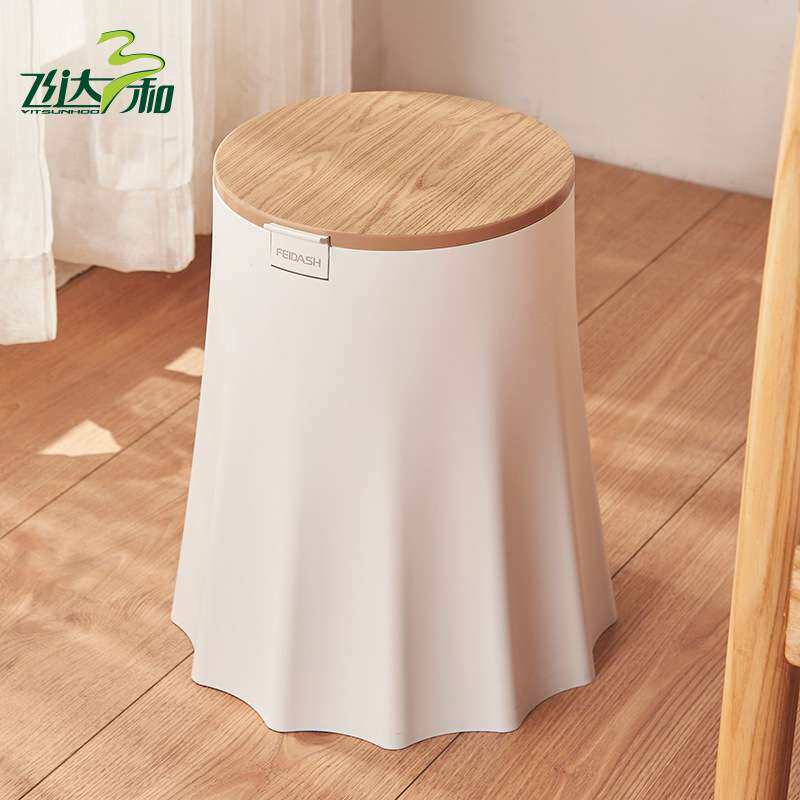 严选网红树艺垃圾桶宽底圆形仿木纹弹盖塑料收纳桶家用卧室纸篓