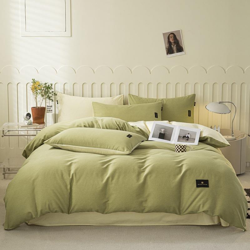 2025新款原棉纯色织标磨毛纯色床上用品全棉纯棉四件套床单被套