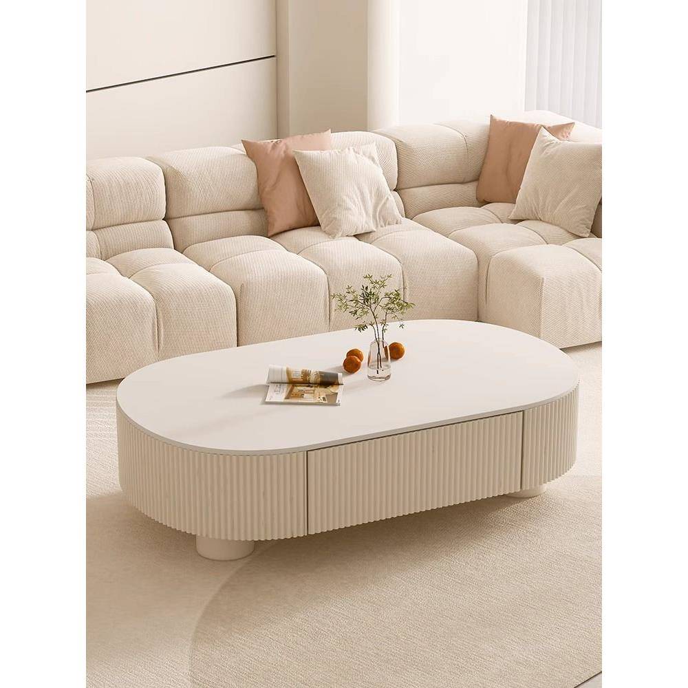 奶油椭圆形岩板2024茶几客厅新款家用小户型储物现代简约高级轻奢