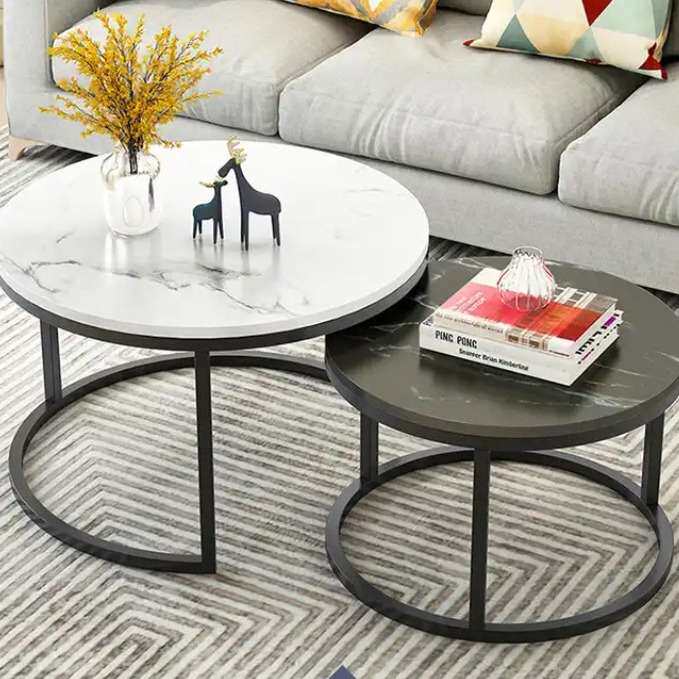 白色大理石台面餐桌茶几圆台黑色石面酒吧餐厅理石家具咖啡桌