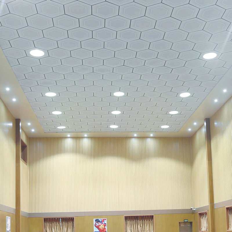 现货正六角形冲孔吸音铝天花办公室工程吊顶白色铝扣板工厂可