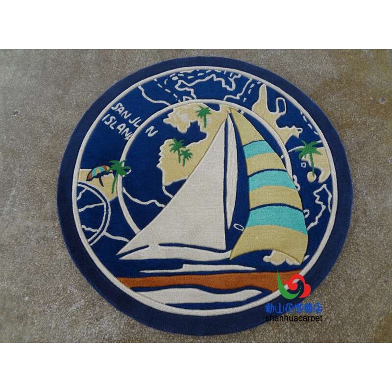 现代简约蓝色海洋帆船圆形手工羊毛客厅茶几地毯儿童房书桌椅子垫