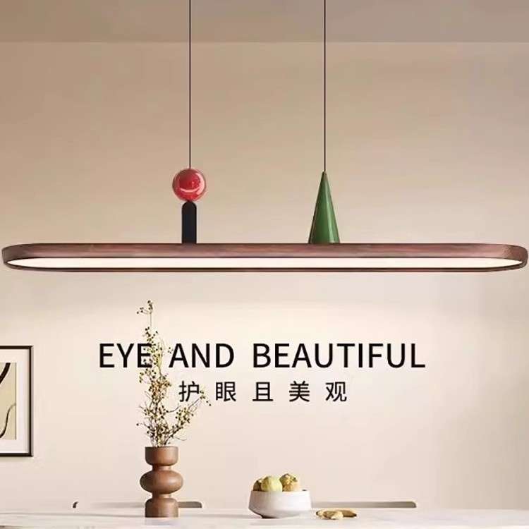 极简椭圆餐厅吊灯日式原木风饭厅灯个性设计感胡桃木色长条回旋灯