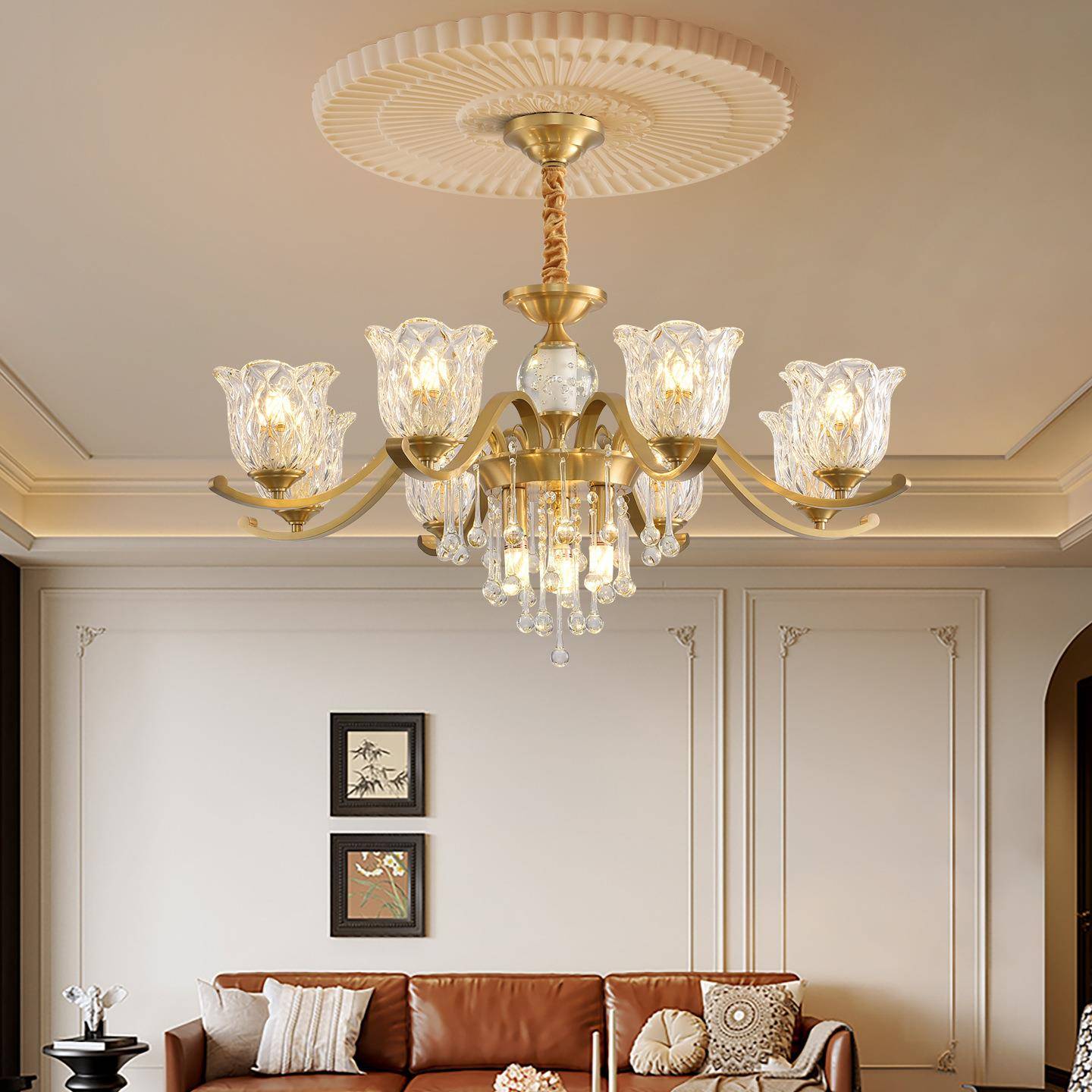 法式客厅护眼吊灯复古轻奢高端大气餐厅全铜氛围感水晶大厅灯413L