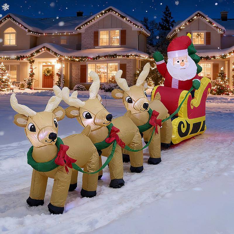 圣诞节充气圣诞老人气模三只驯鹿拉雪橇带圣诞树户外庭院装饰摆件