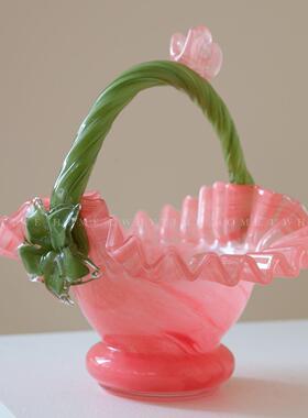 中古老货 80s复古风蓝色拼色提壶花篮法式手工琉璃花瓶插花摆件