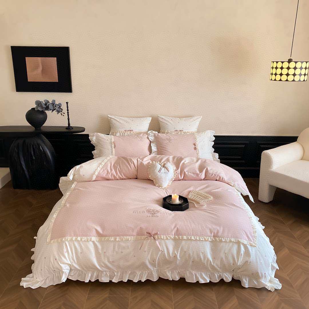 1少女心100s全棉磨毛加厚秋冬床品荷叶花边爱心刺绣被套四件套加