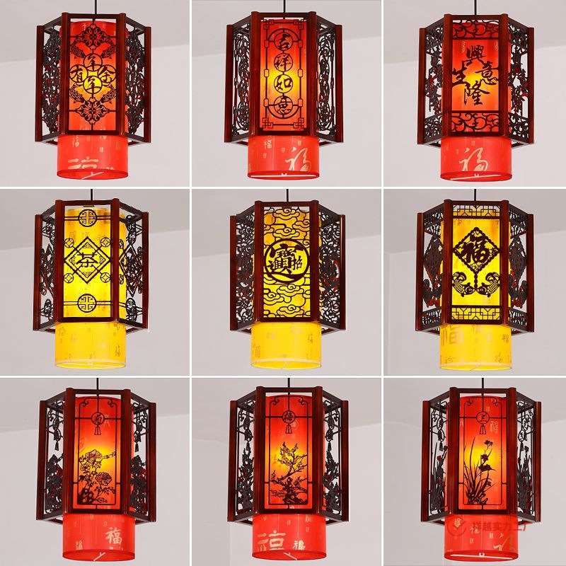 中式餐厅吊灯实木灯笼吊灯户外古典复古风火锅店木艺六角宫灯