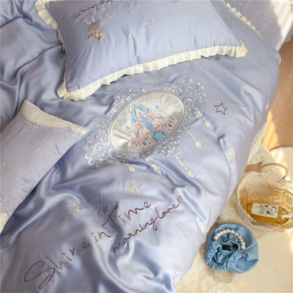 夏季公主风双面天丝四件套城堡刺绣紫色被套凉感冰丝裸睡床品