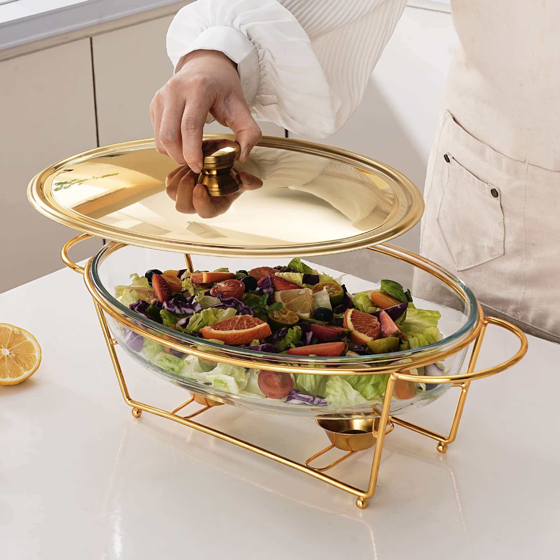 外贸跨境玻璃自助餐炉铁线架蛋形食物加热容器酒精炉chafing dish