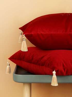 BK9K 红色风喜字抱枕新房卧室布艺丝绒靠枕新中式婚礼沙发靠垫