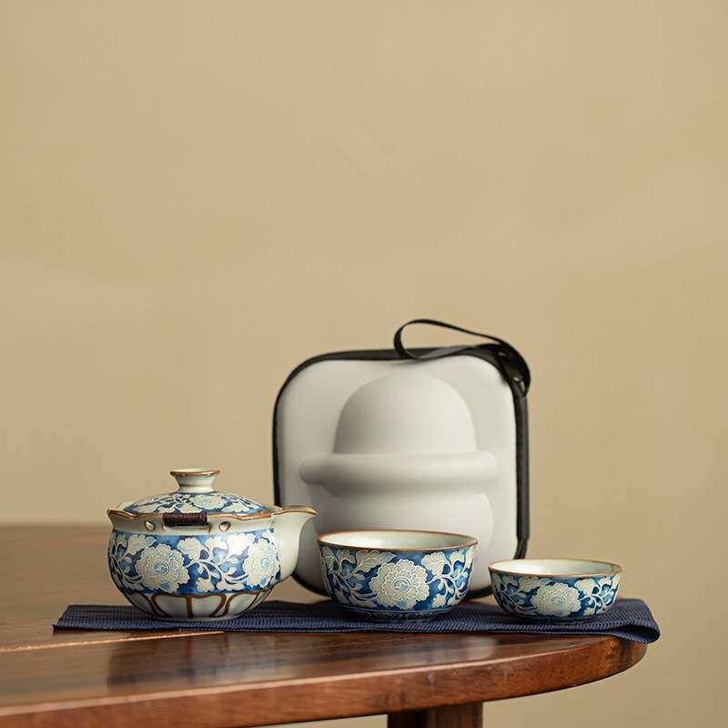 仿宋汝窑元青花宝瓶快客旅行茶具一壶两杯家用户外便携式泡茶壶