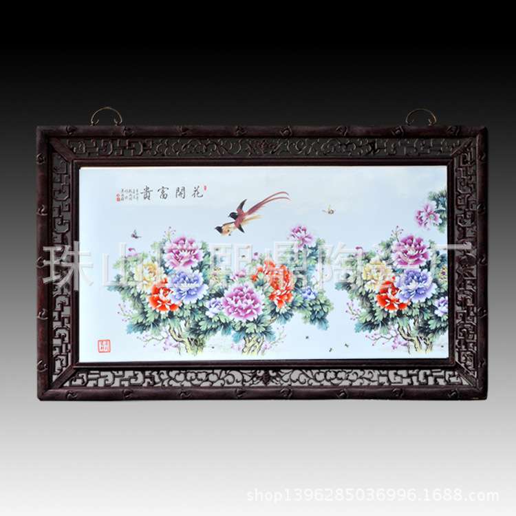 陶瓷瓷板画仿古做旧实木框陶瓷装饰画 古典家居客厅墙壁挂画