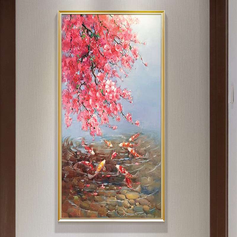 新中式九鱼图油画纯手绘玄关装饰画入户过道走廊尽头挂画现代壁画