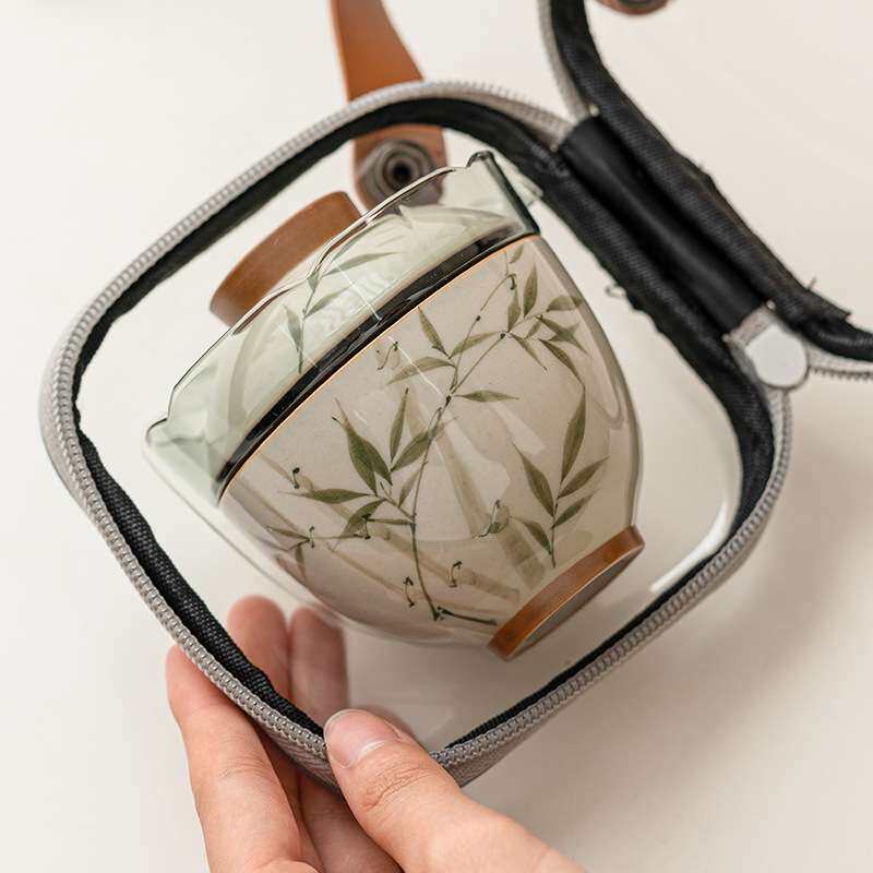 厂家手绘文竹旅行茶具套装便携式一壶两杯车载户外露营陶瓷快客杯