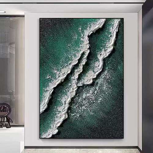 手绘立体油画绿色艺术现代装饰画丙烯石英砂肌理入户玄幻过道挂画