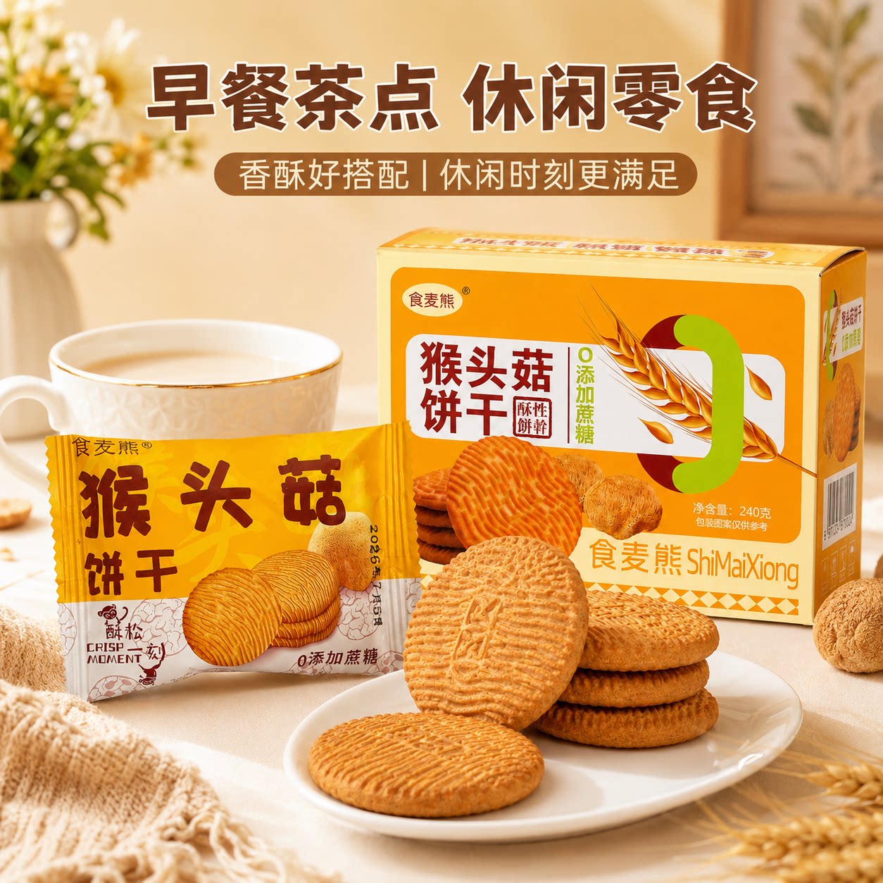 猴头菇饼干盒装240g酥脆猴菇饼干营养早餐零食休闲食品独立小包装